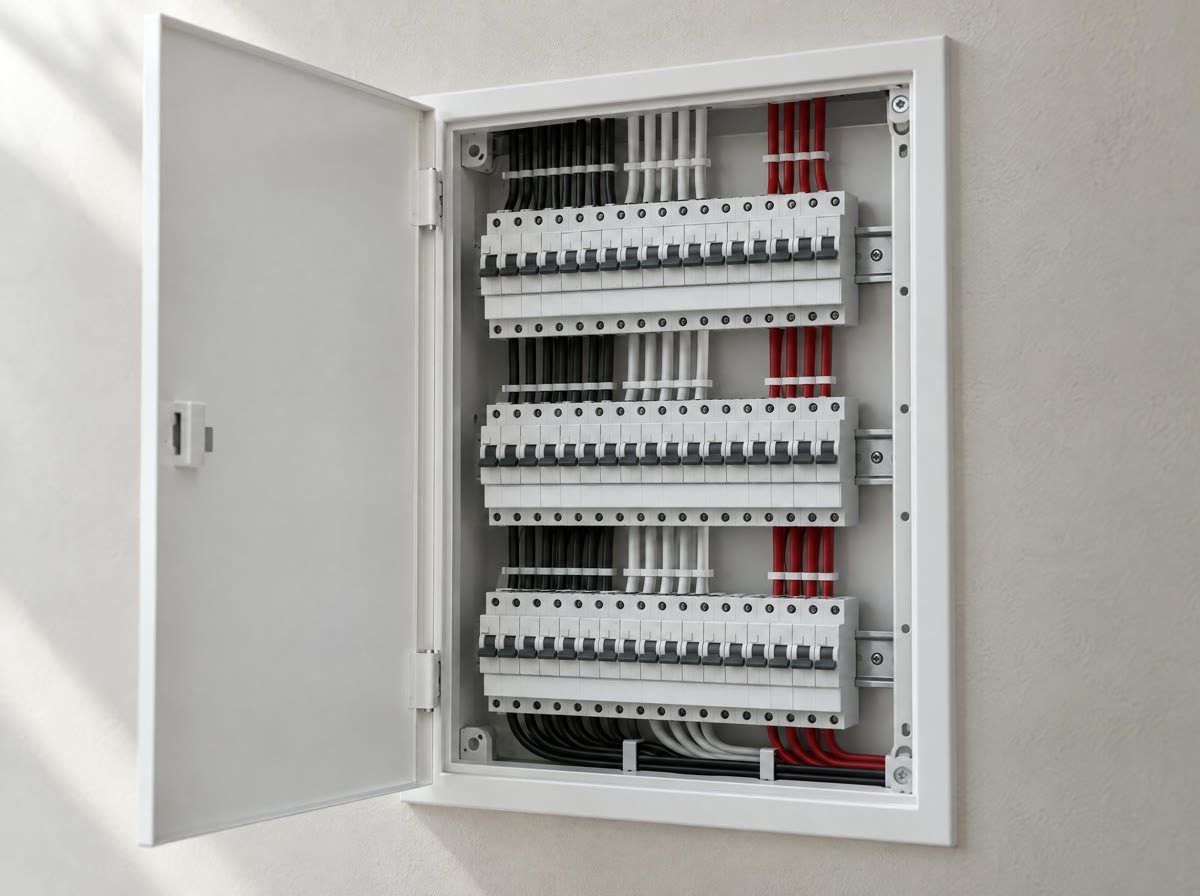 Uporządkowana rozdzielnica elektryczna z opisanymi obwodami